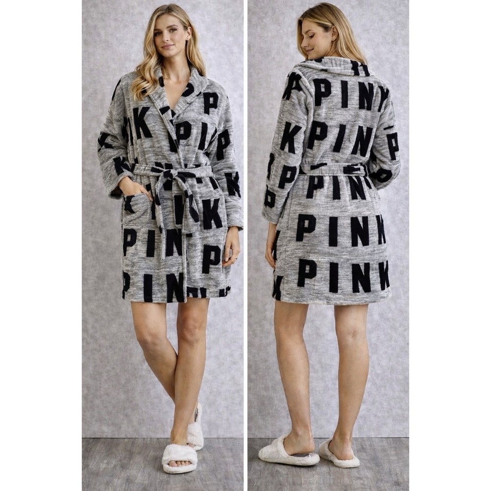 Victoria's Secret PINK Robe Gray Black Logo Plush Tie Waist Cozy M/L